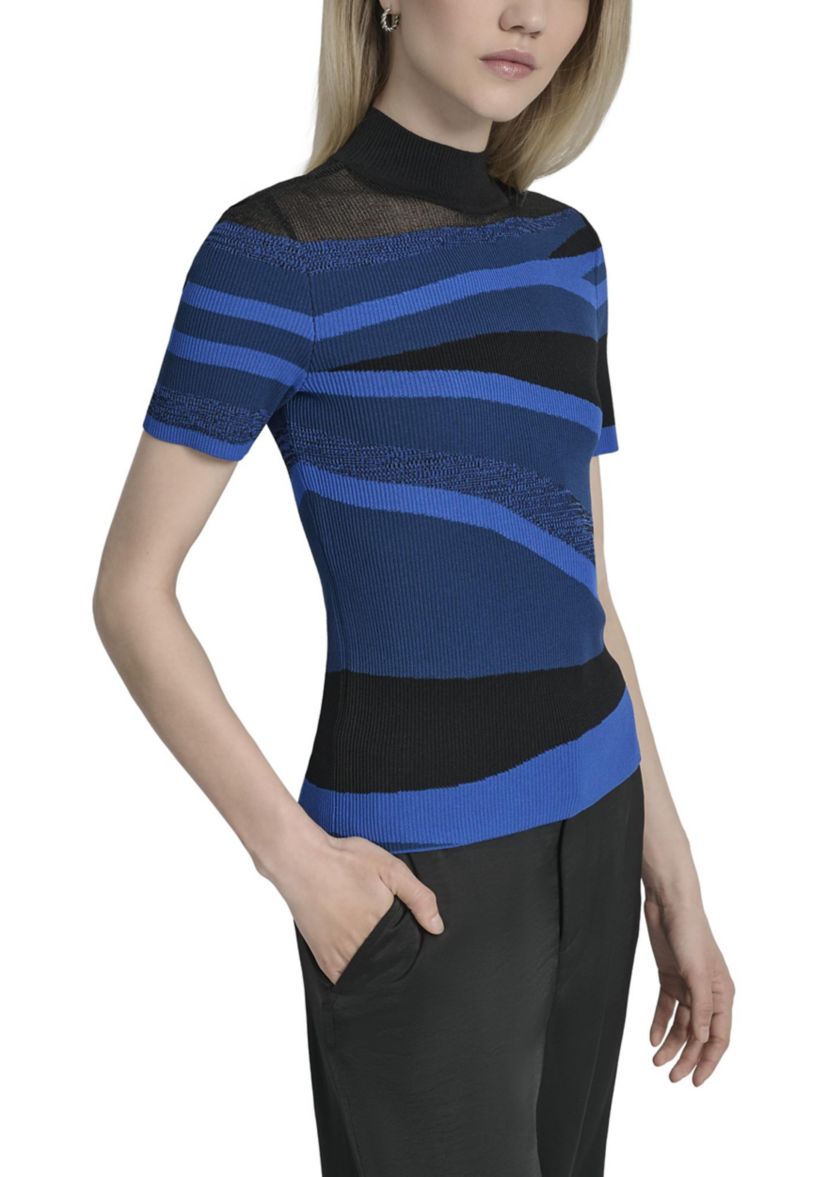 Womens Short Sleeve Mock Neck Swirl Sweater