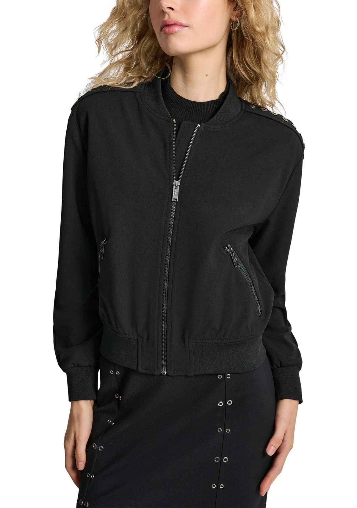 Womens Long Sleeve Double Weave Grommet Bomber Jacket 
