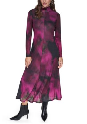 DKNY Women's Long Sleeve Mock Neck Smudge Print Knit Dress, Small
