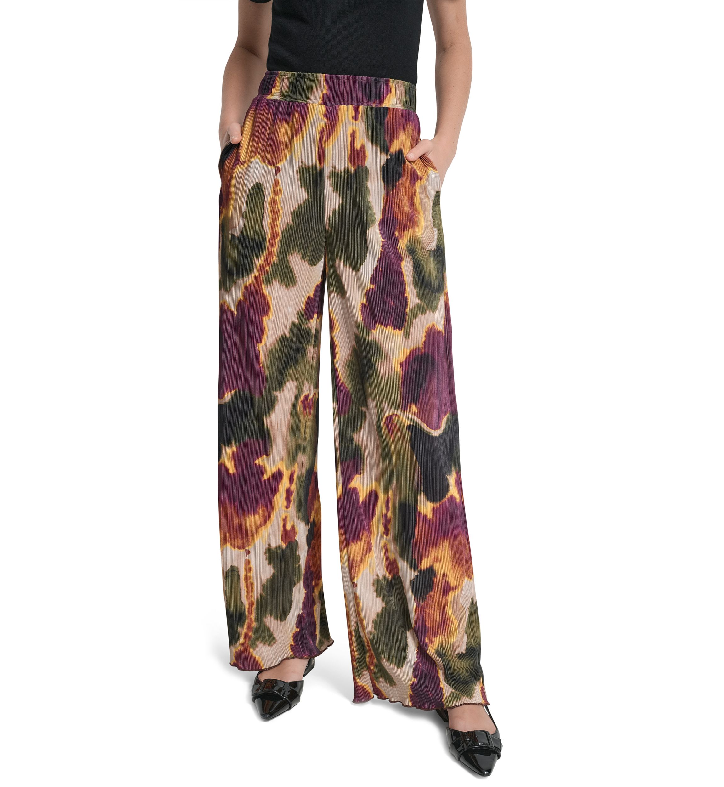 Womens Pull-On Printed Plisse Wide Leg Pants