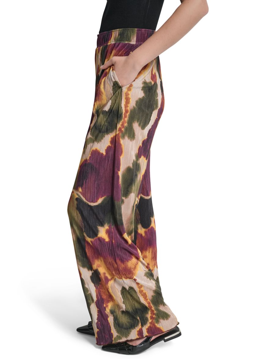 Womens Pull-On Printed Plisse Wide Leg Pants