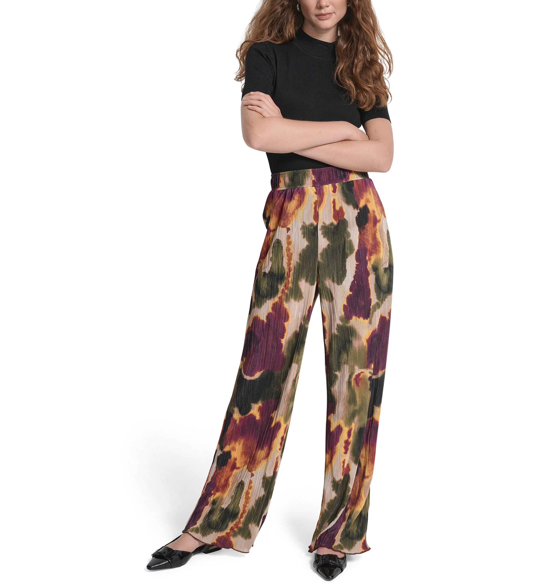 Womens Pull-On Printed Plisse Wide Leg Pants
