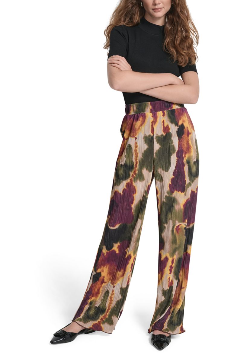 Womens Pull-On Printed Plisse Wide Leg Pants