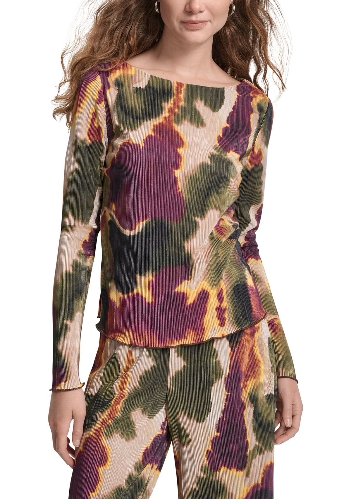 Womens Printed Boat Neck Plissé Top