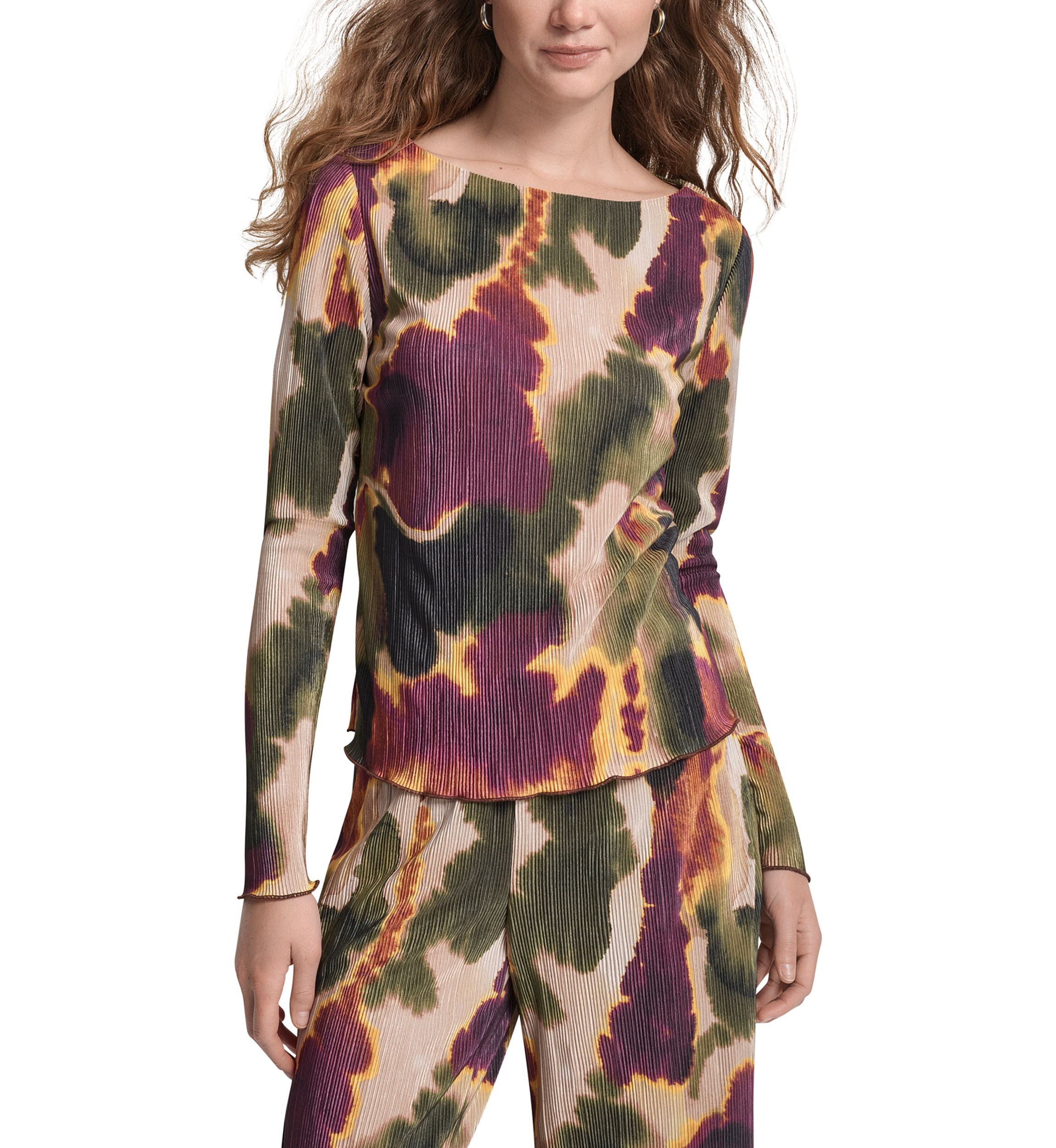 Womens Printed Boat Neck Plissé Top