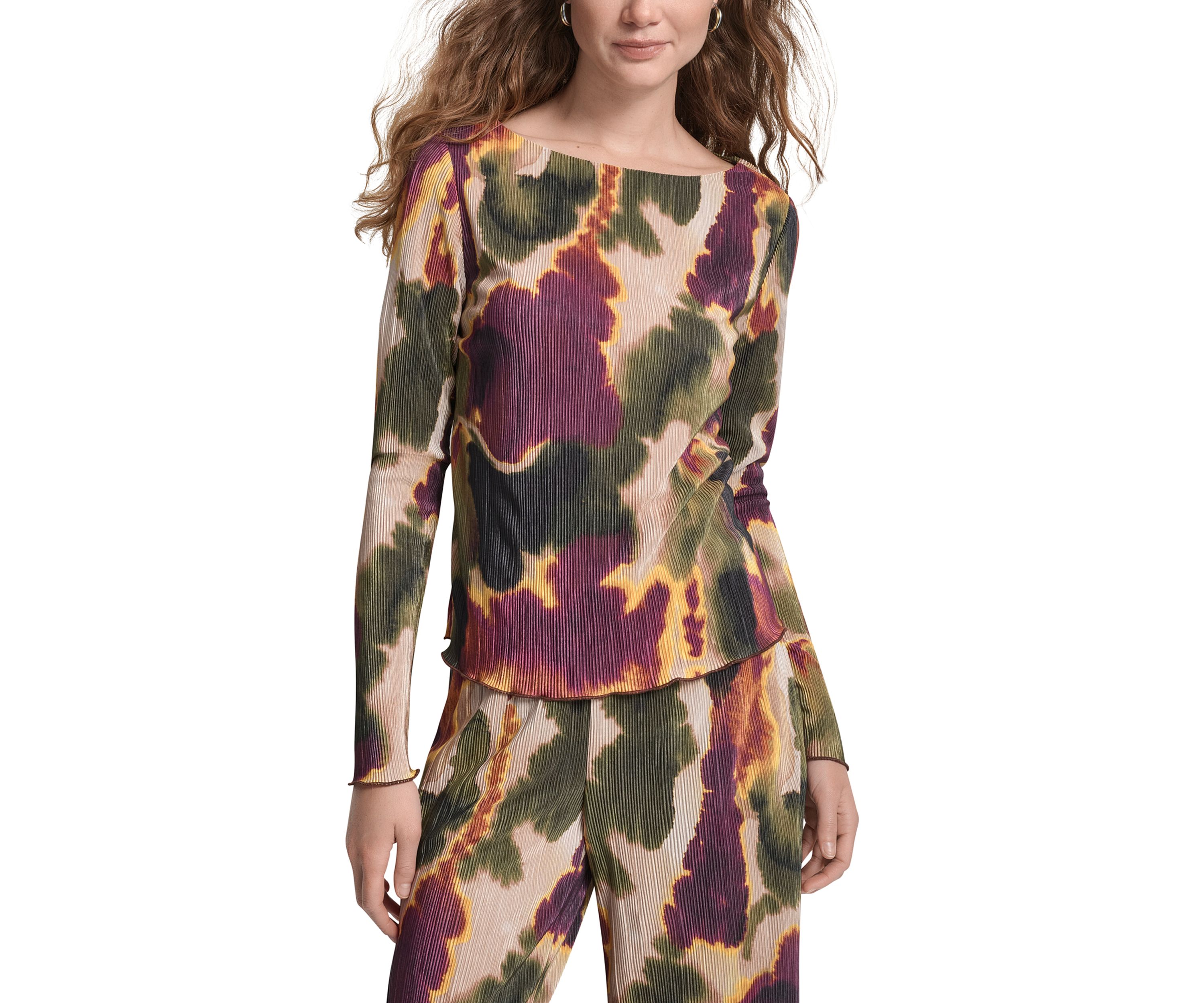 Womens Printed Boat Neck Plissé Top