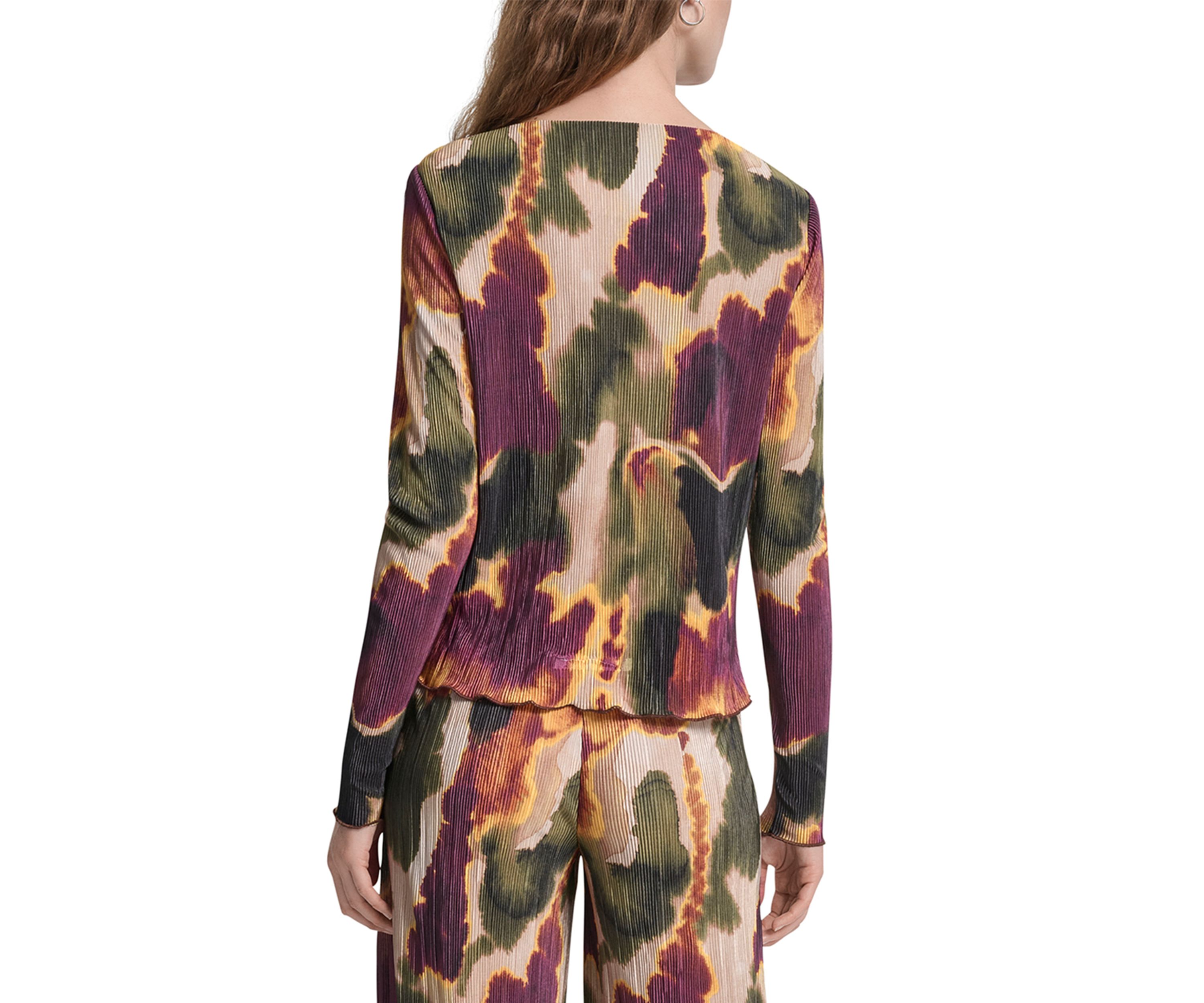 Womens Printed Boat Neck Plissé Top
