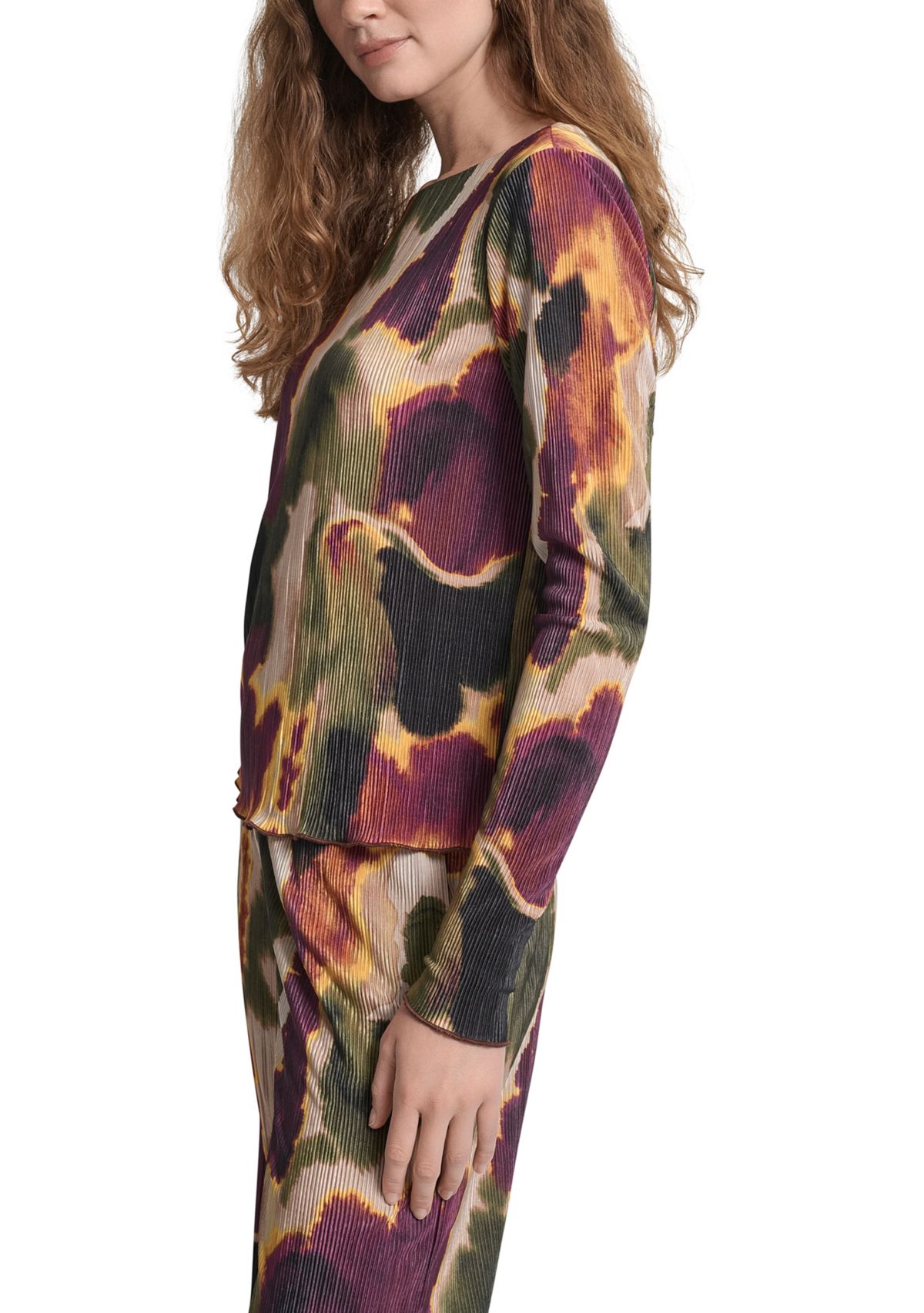 Womens Printed Boat Neck Plissé Top