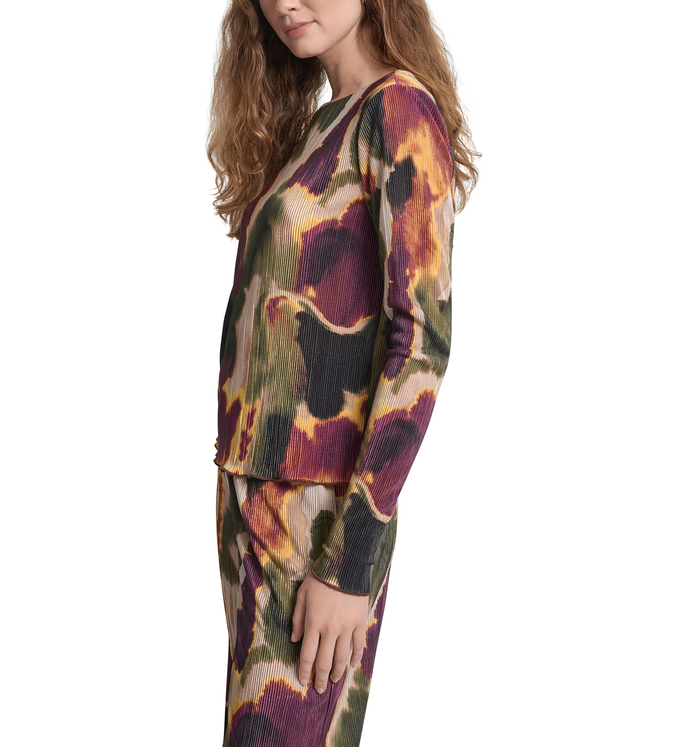Womens Printed Boat Neck Plissé Top