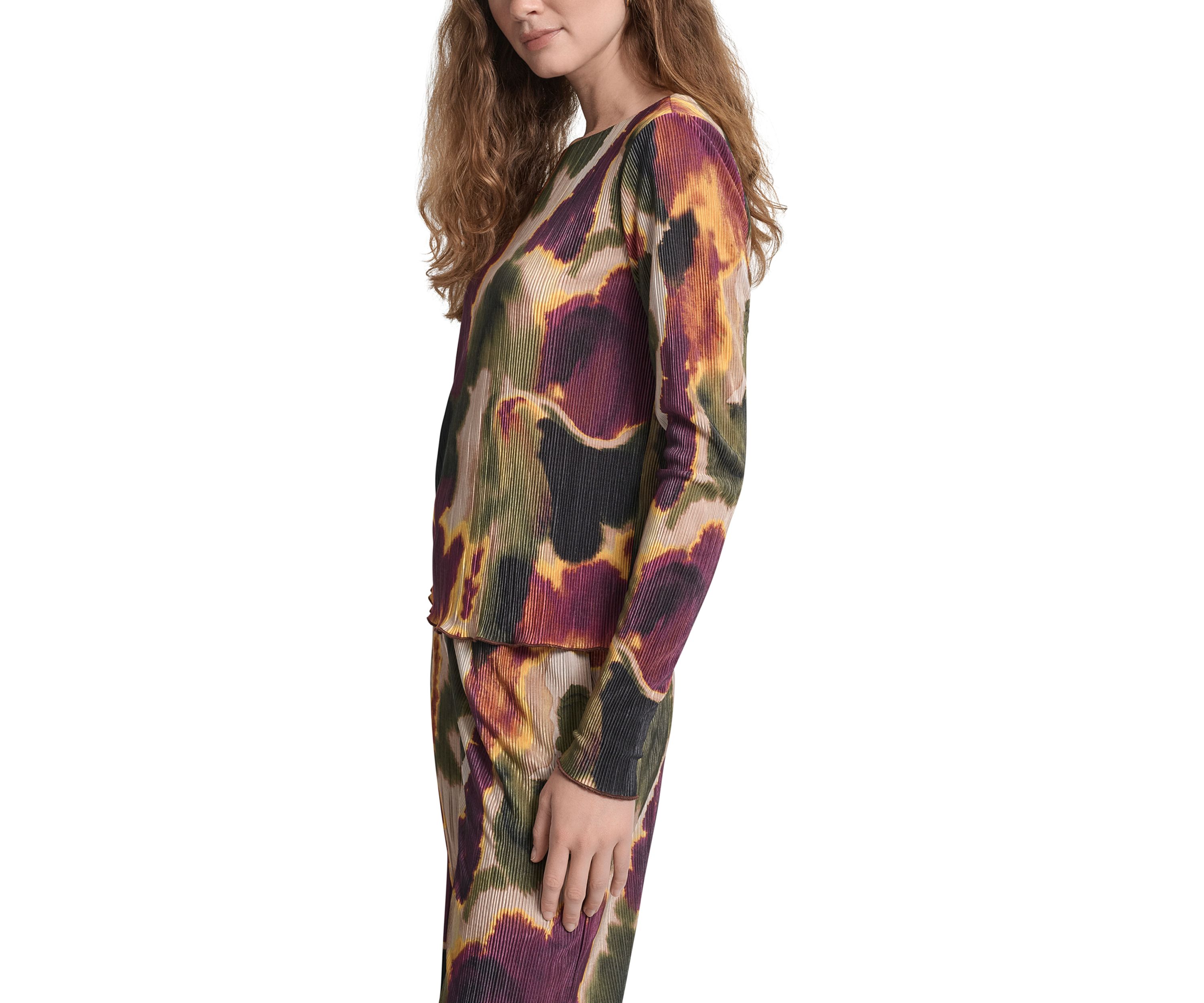 Womens Printed Boat Neck Plissé Top