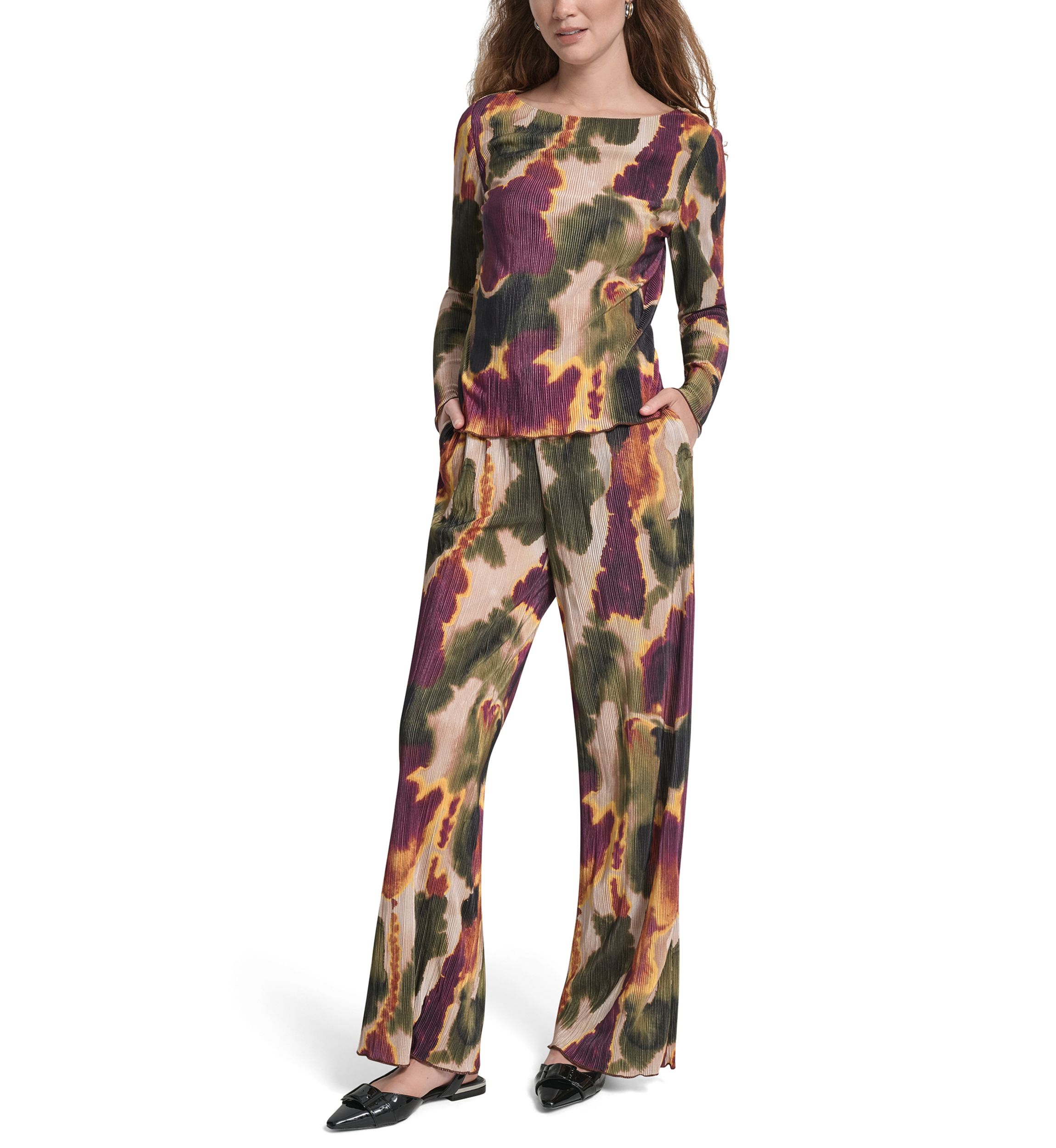 Womens Printed Boat Neck Plissé Top