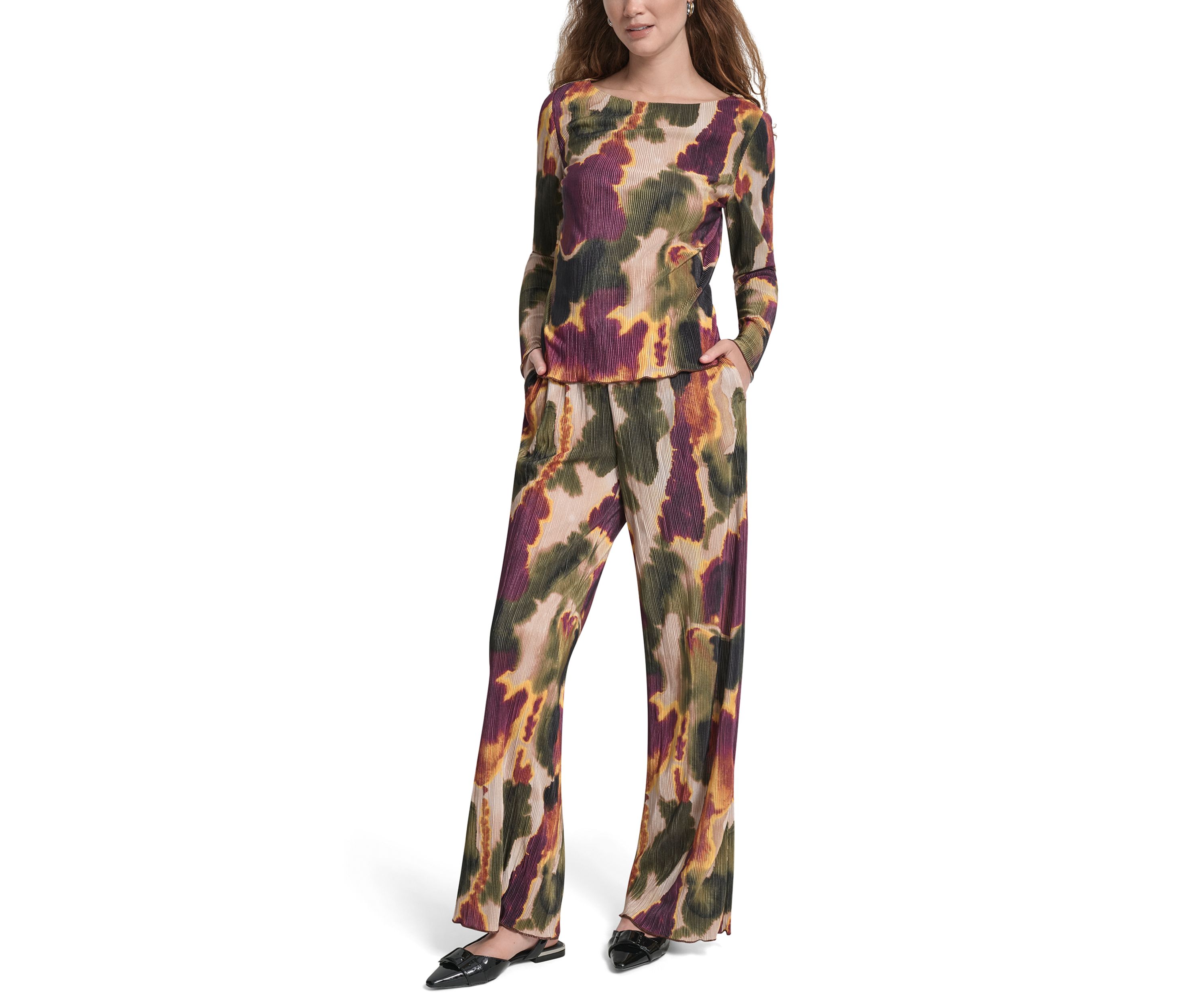 Womens Printed Boat Neck Plissé Top