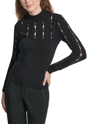 DKNY Women's Long Sleeve Mock Neck Grommet Sweater, Black, Small