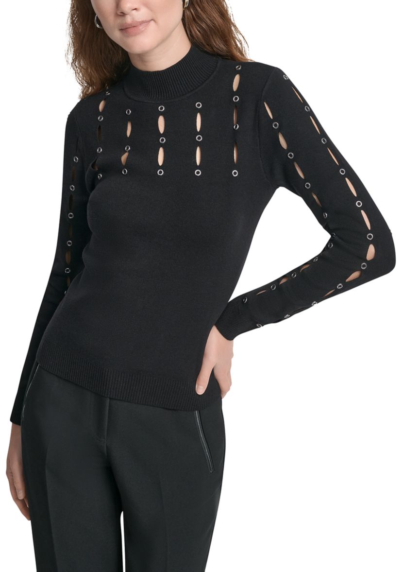 Womens Long Sleeve Mock Neck Grommet Sweater