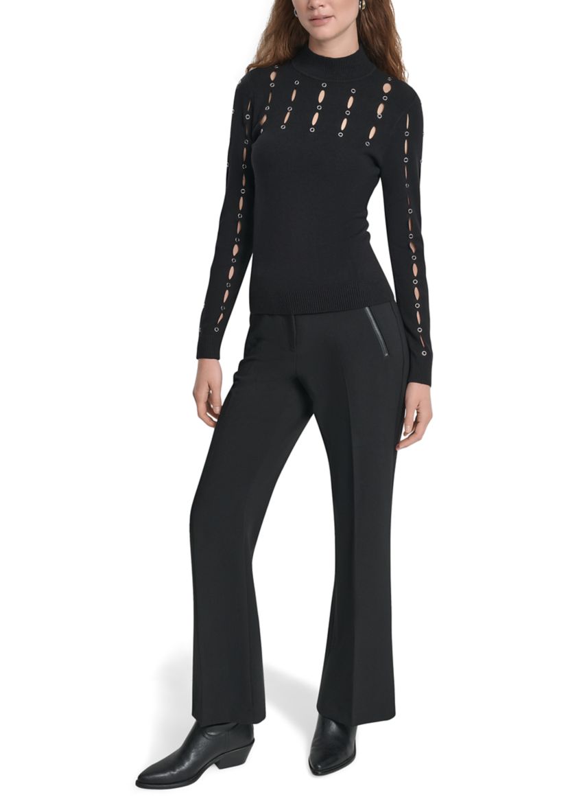 Womens Long Sleeve Mock Neck Grommet Sweater