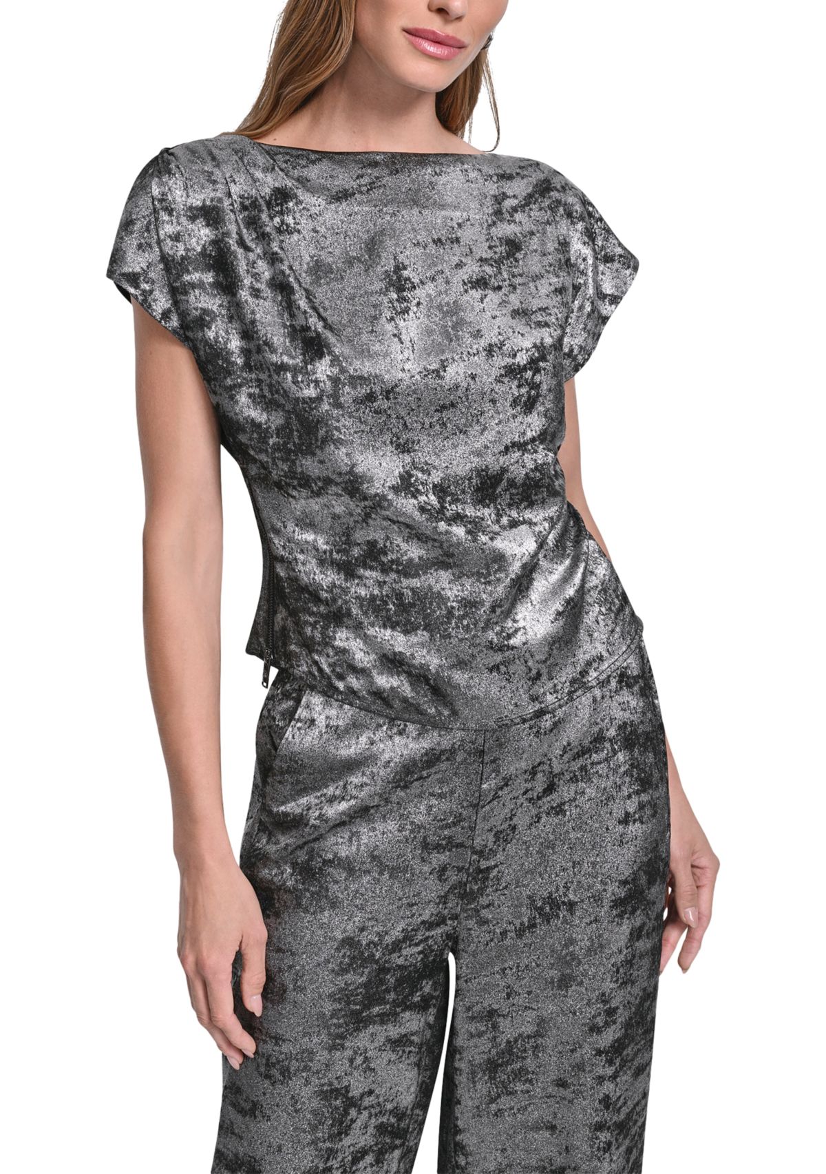 Womens Liquid Velvet Flutter Sleeve Shirt 