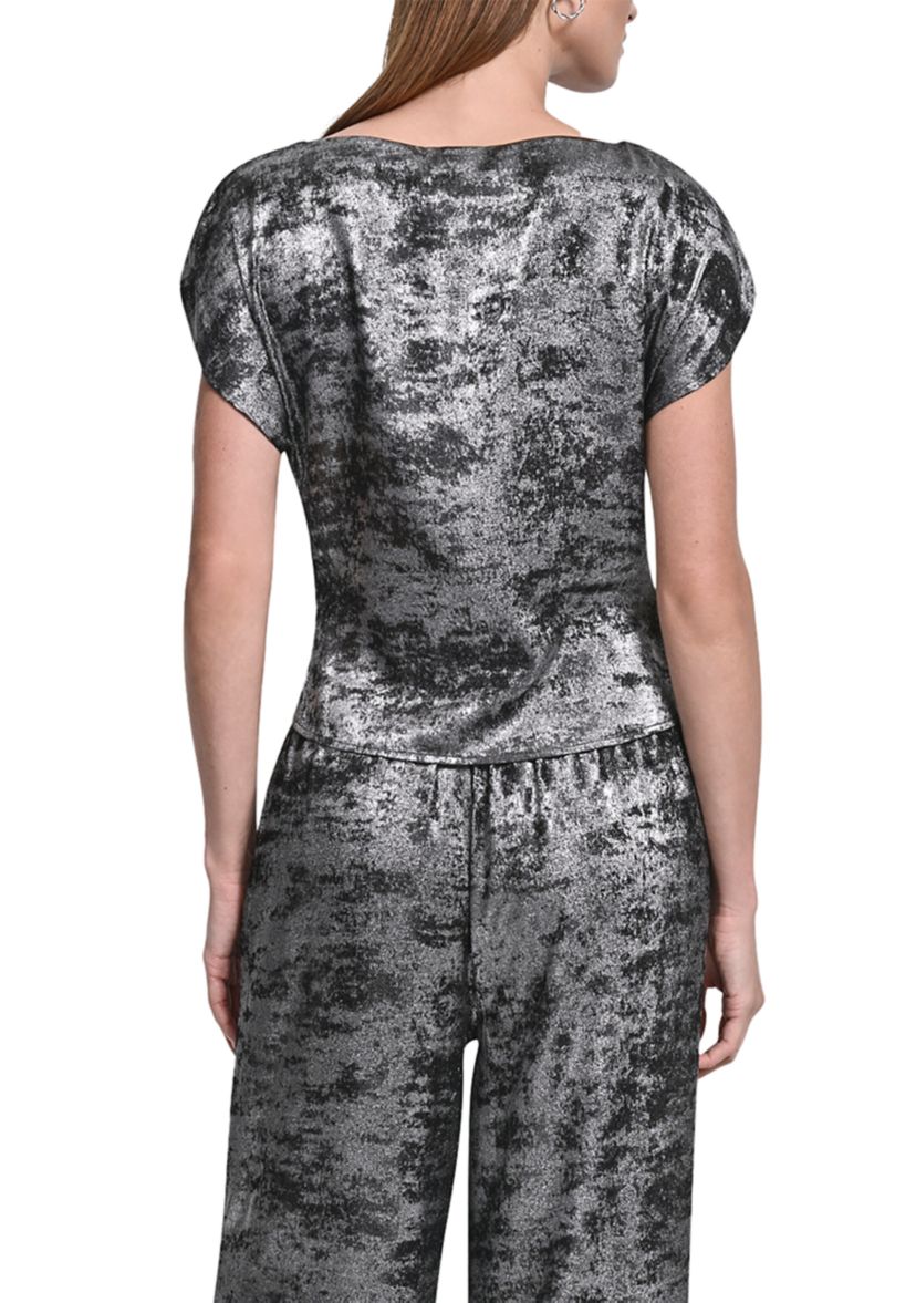 Womens Liquid Velvet Flutter Sleeve Shirt 