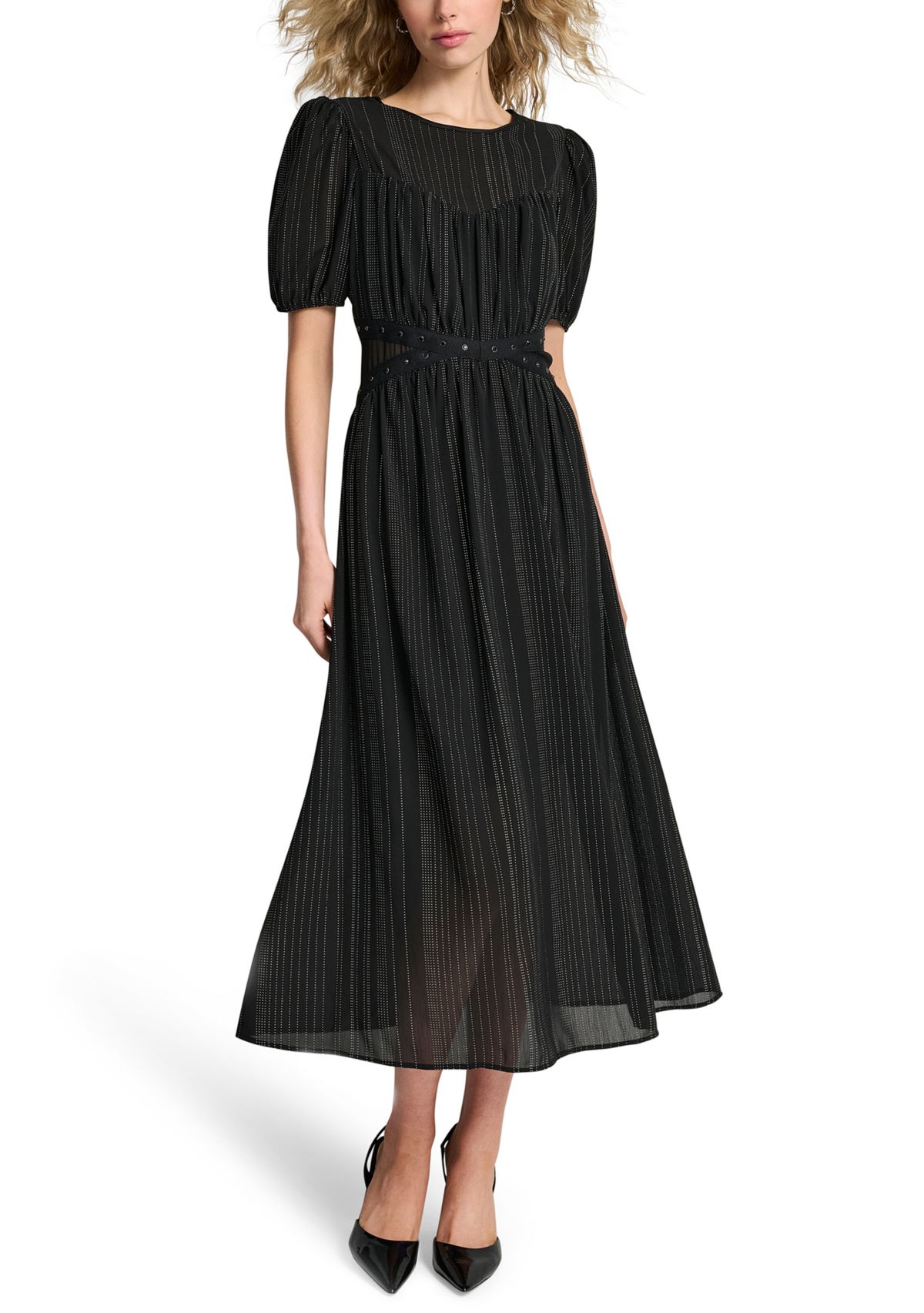Womens Puff Sleeve Silver Studded Chiffon Dress