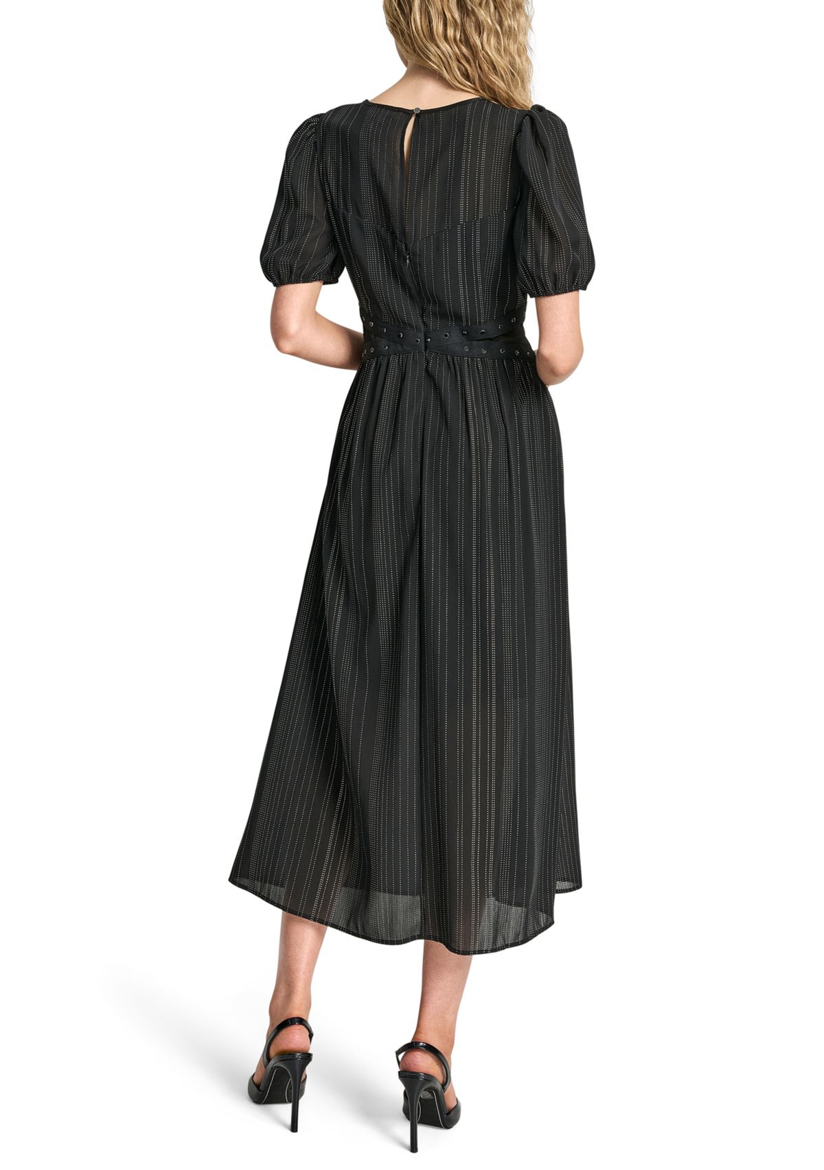 Womens Puff Sleeve Silver Studded Chiffon Dress