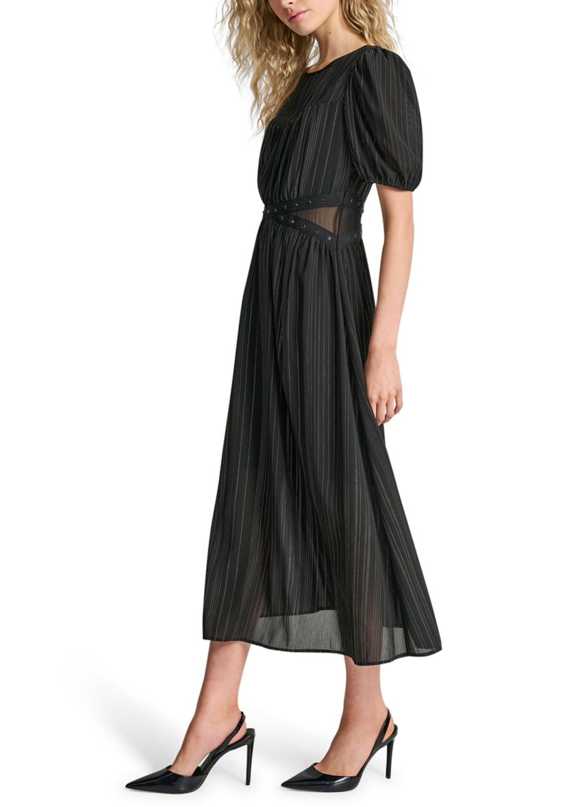 Womens Puff Sleeve Silver Studded Chiffon Dress