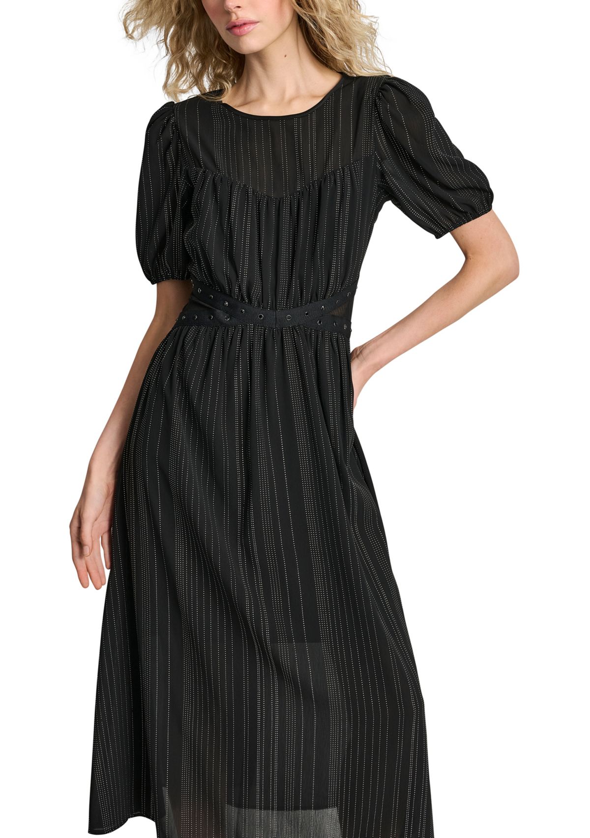 Womens Puff Sleeve Silver Studded Chiffon Dress