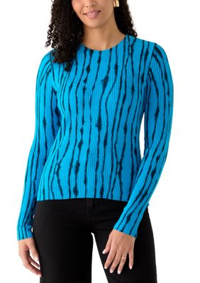 DKNY Women's Ribbed Graffiti Crew Neck Sweater, Blue, Small