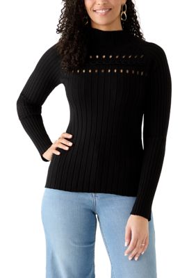 DKNY Women's Long Sleeve Ribbed Cord Detail Sweater, Black, XS