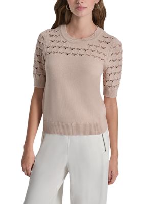 DKNY Women's Short Sleeve Crochet Yoke Sweater, XS