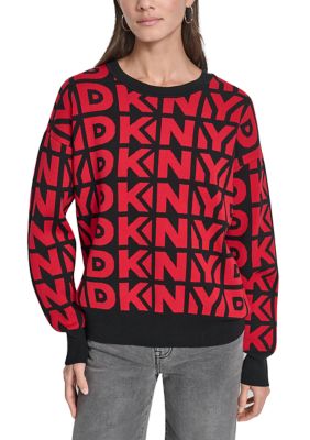 DKNY Women's Drop Shoulder Logo Crew Neck Sweater, Crimson, X-Large