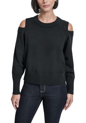 DKNY Women's Long Cold Shoulder Sweater, Black, X-Large