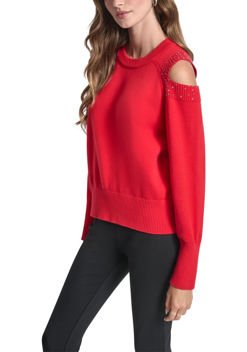 Womens Long Cold Shoulder Sweater 