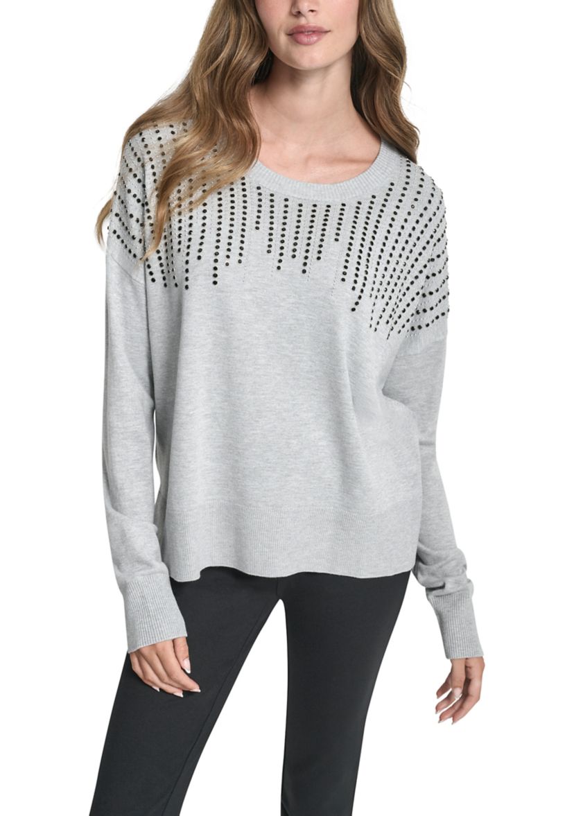 Womens Long Sleeve Rhinestone Embellished Sweater