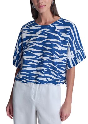 DKNY Women's Short Sleeve Tidal Print Top, Small