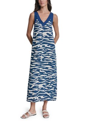 DKNY Women's Sleeveless V-Neck Printed Linen Maxi Dress