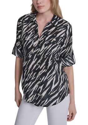 DKNY Women's Roll-Sleeve Printed Blouse