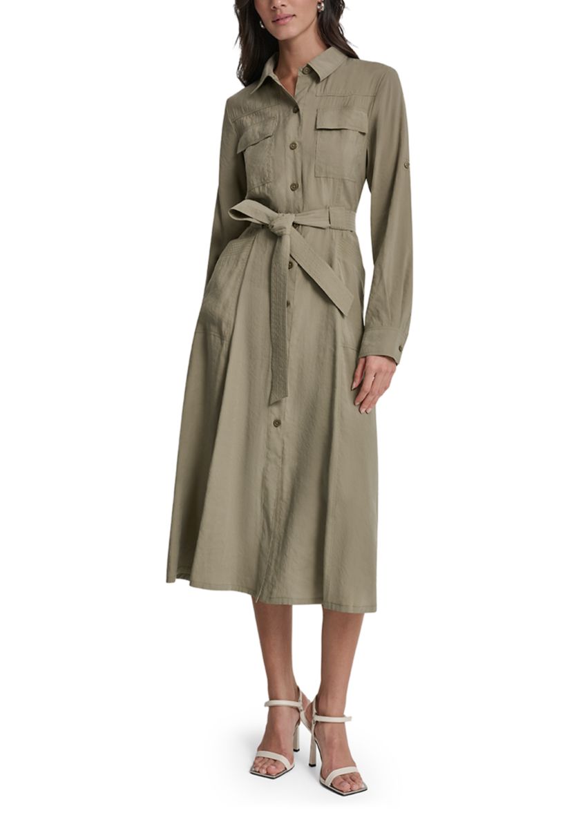 chinese dress ladies Long Sleeve Roll Tab Tencel Cargo Dress | Shirt Dress
