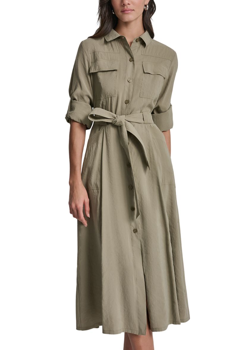 chinese dress ladies Long Sleeve Roll Tab Tencel Cargo Dress | Shirt Dress