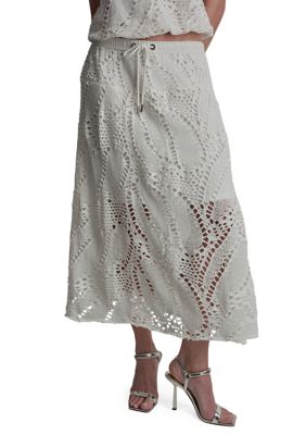 DKNY Women's Tier Knit Crochet Midi Skirt, Ivory, Large