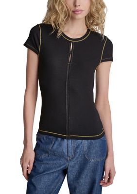 DKNY Women's Short Sleeve Top Stitch Crew Neck Shirt, Black, XL