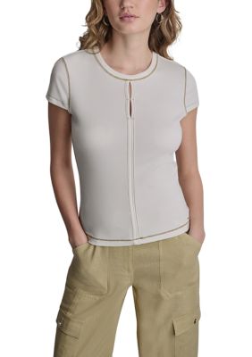 DKNY Women's Short Sleeve Top Stitch Crew Neck Shirt, Small