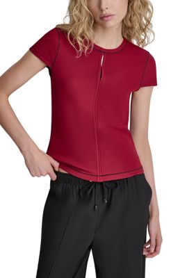 DKNY Women's Short Sleeve Top Stitch Crew Neck Shirt, Red, Small