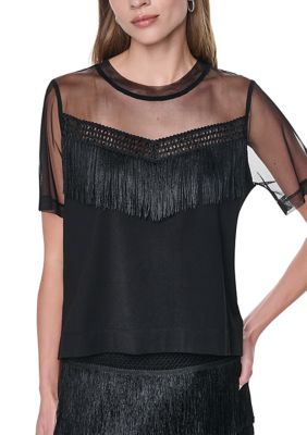 DKNY Women's Short Sleeve Fringe Trim Mesh Shirt, Black, Small