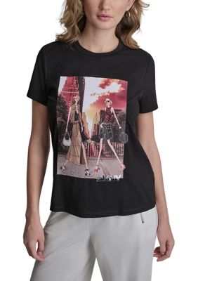 DKNY Women's Short Sleeve City Girl Graphic Shirt, Black, Small