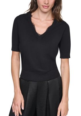 DKNY Women's Short Sleeve V-Neck Lace Trim Sweater, Black, Medium