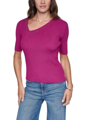 DKNY Women's Short Sleeve Asymmetrical Grommet V-Neck Rib Sweater