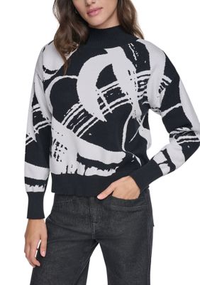 DKNY Women's Long Sleeve Mock Neck Graphic Heart Sweater, XS