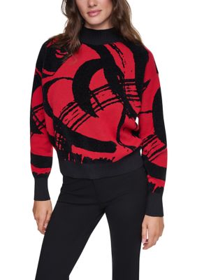 DKNY Women's Long Sleeve Mock Neck Graphic Heart Sweater, Red, XS