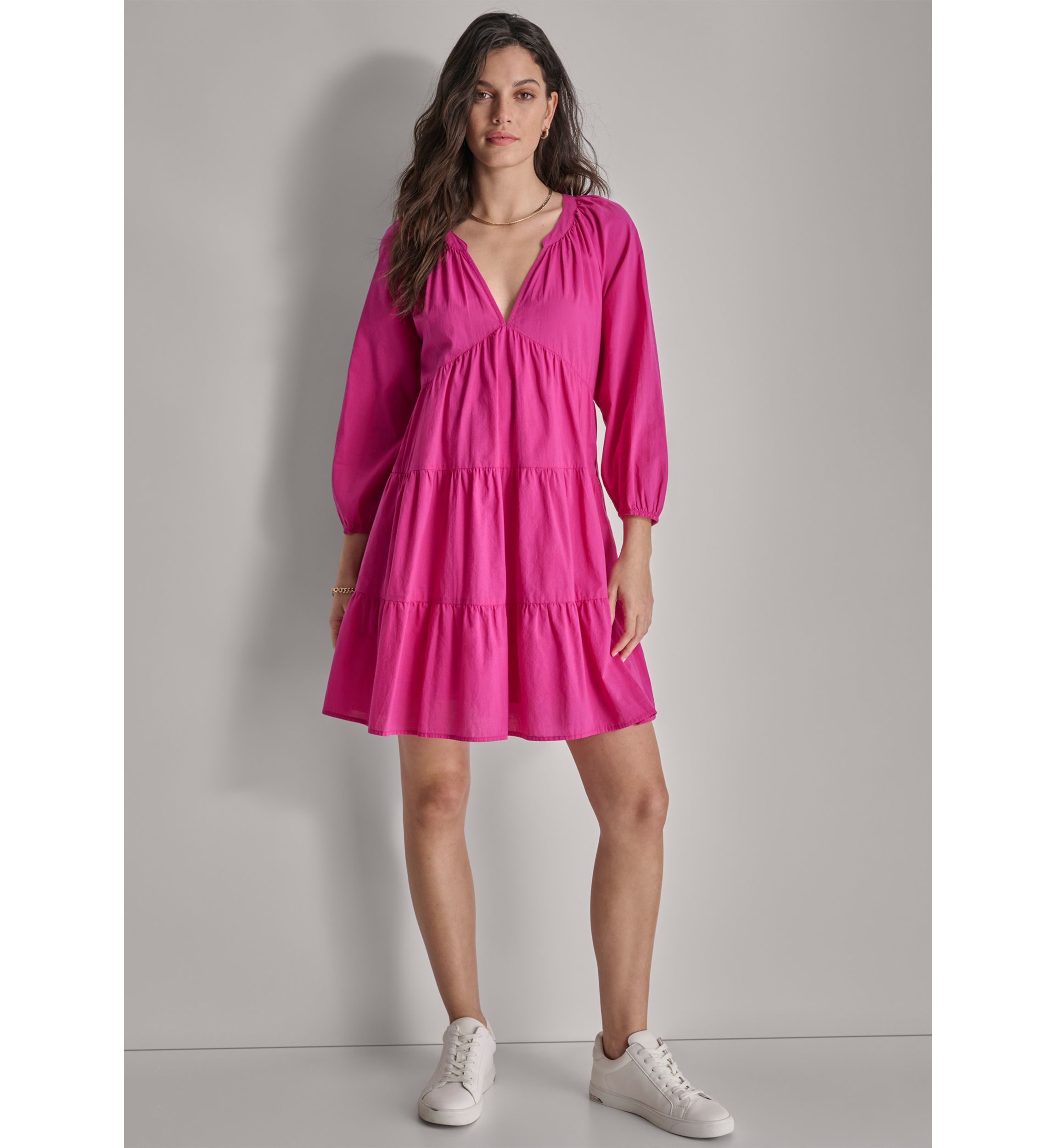 Womens 3/4 Sleeve Split Neck Tiered Skirt 