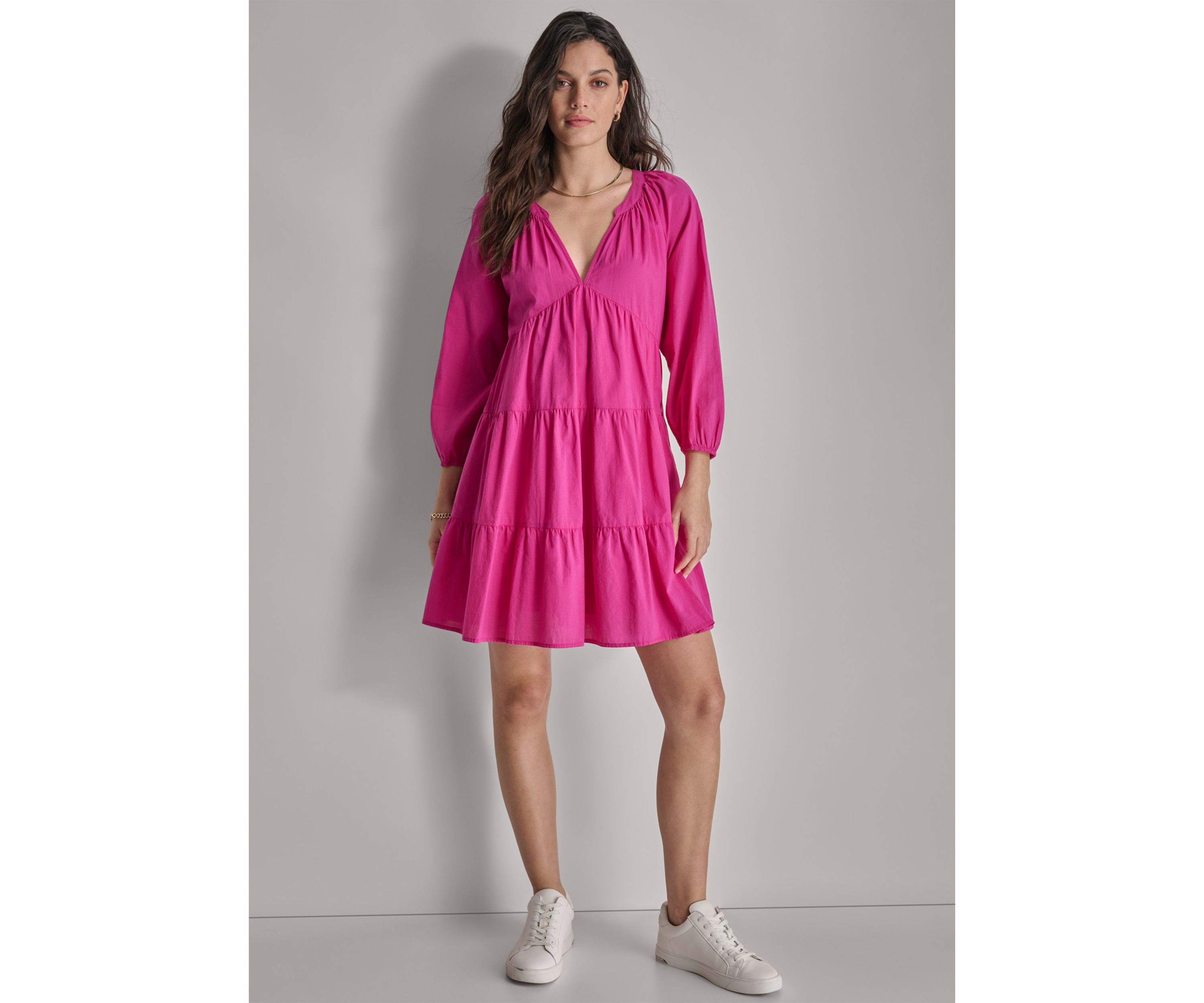 Womens 3/4 Sleeve Split Neck Tiered Skirt 