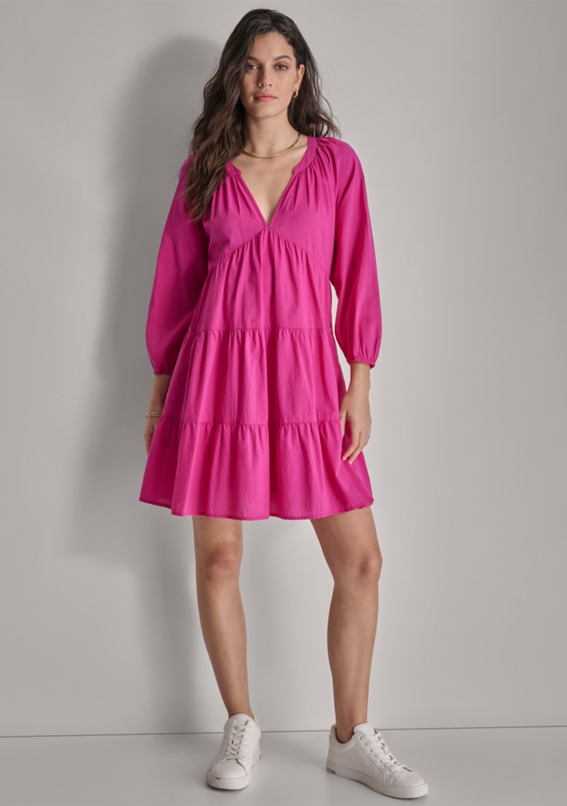 Womens 3/4 Sleeve Split Neck Tiered Skirt 